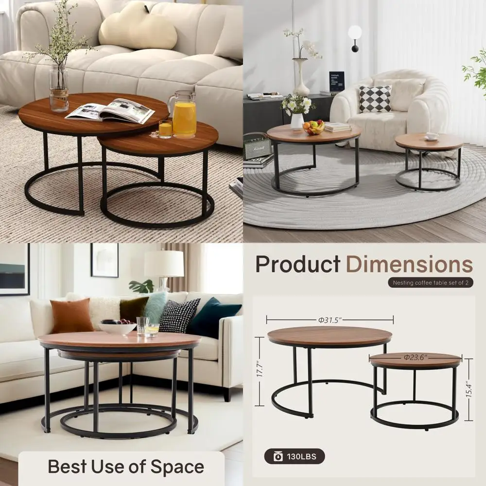 مجموعة طاولات متداخلة مكونة من 2، طاولة قهوة مستديرة 31.5، طاولة قهوة صغيرة متداخلة مع رسوم قابلة للتعديل غير قابلة للانزلاق، سطح من الخشب المحبب