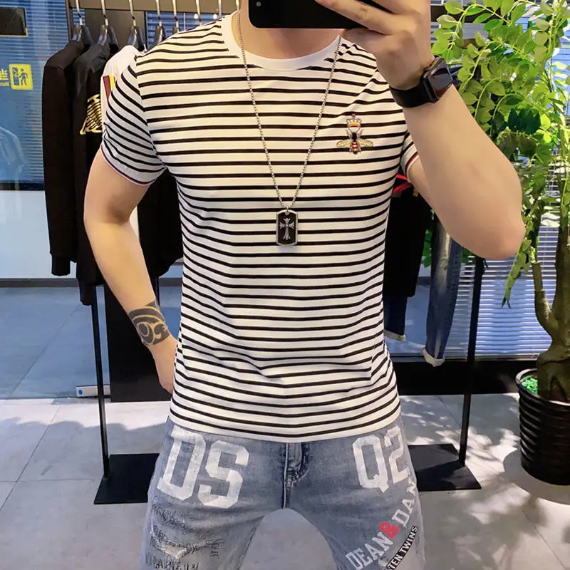 Clothes Cotton Vintage Mens Tee Shirts Goth Top Summer Men\'s T-shirt Striped Streetwear Embroidery Smooth Grunge Heather Basic S