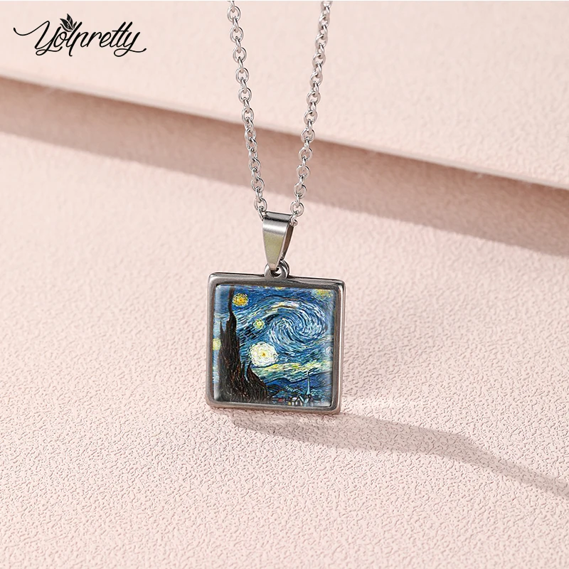 2023 New Van Gogh Starry Night Art Paintings Square Stainless Steel Necklace Glass Cabochon Pendants Necklace Jewelry