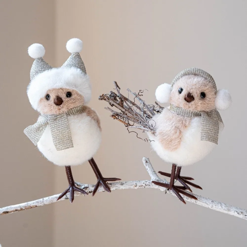 1pc Artificial Foam Christmas Tree Decorations Multicolor Fixed Iron Wires Feet Bird Statues Knitted Hat And Scarf Lightweight