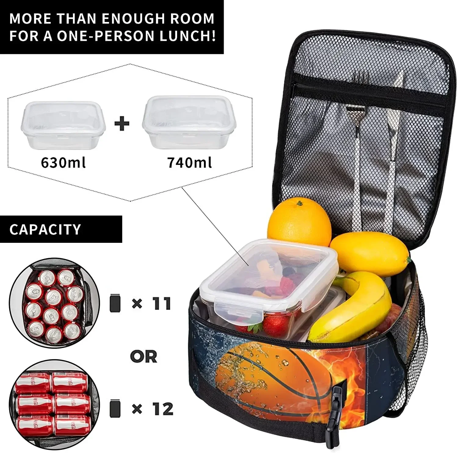 Basketball Fire Totes Lunch Bag Portable Insulated Lunch Box Back to School Picnic Office Travel