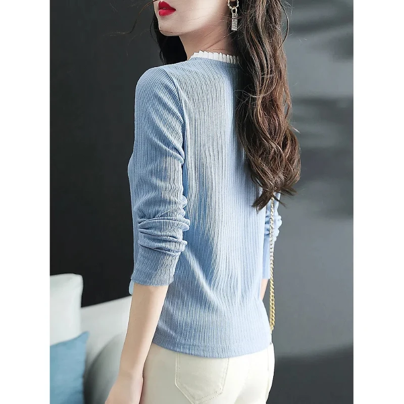 Spring Autumn Comfortable Sweet Solid Color Women\'s Clothing Round Neck Pullover Patchwork Long Sleeve T-shirt Casual Tops