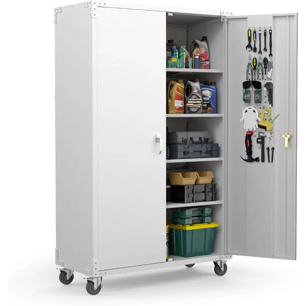 Deep Garage Storage Cabinet, Metal Storage Cabinet with Pegboards, Wheels, Locking Doors and Adjustable Shelves 43 20 72