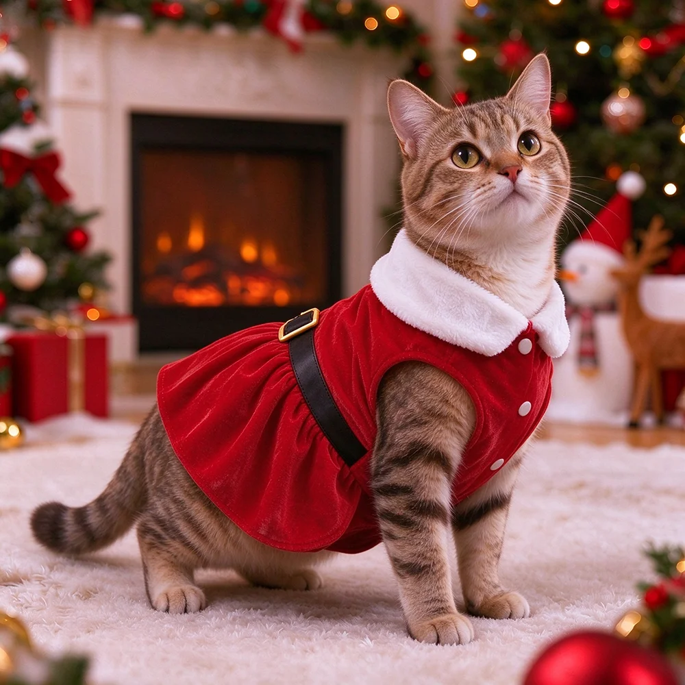 Niedliche Weihnachtskleidung für Katzen, rotes Samtkleid, festliches Weihnachtsmann-Outfit für Katzen, Kätzchen und Welpen, Neujahrs- und Feiertagskostüm, Foto-Requisiten. – Detail 9