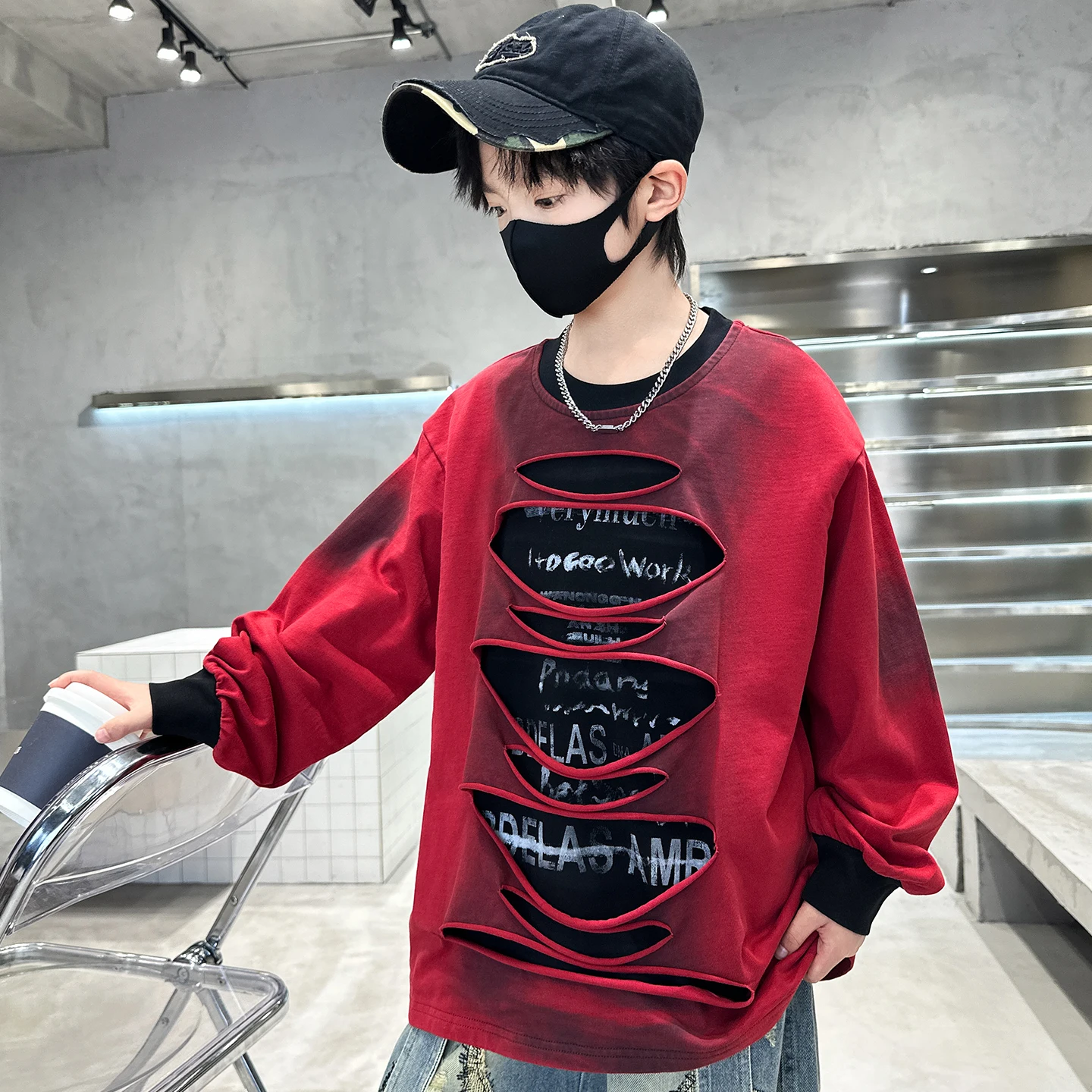 Stylish Children Hip Hop Fashion Broken Sweatshirt with Hole For Tween Boy Cotton Streetwear Outfit Kids Fashion Autumn Clothing