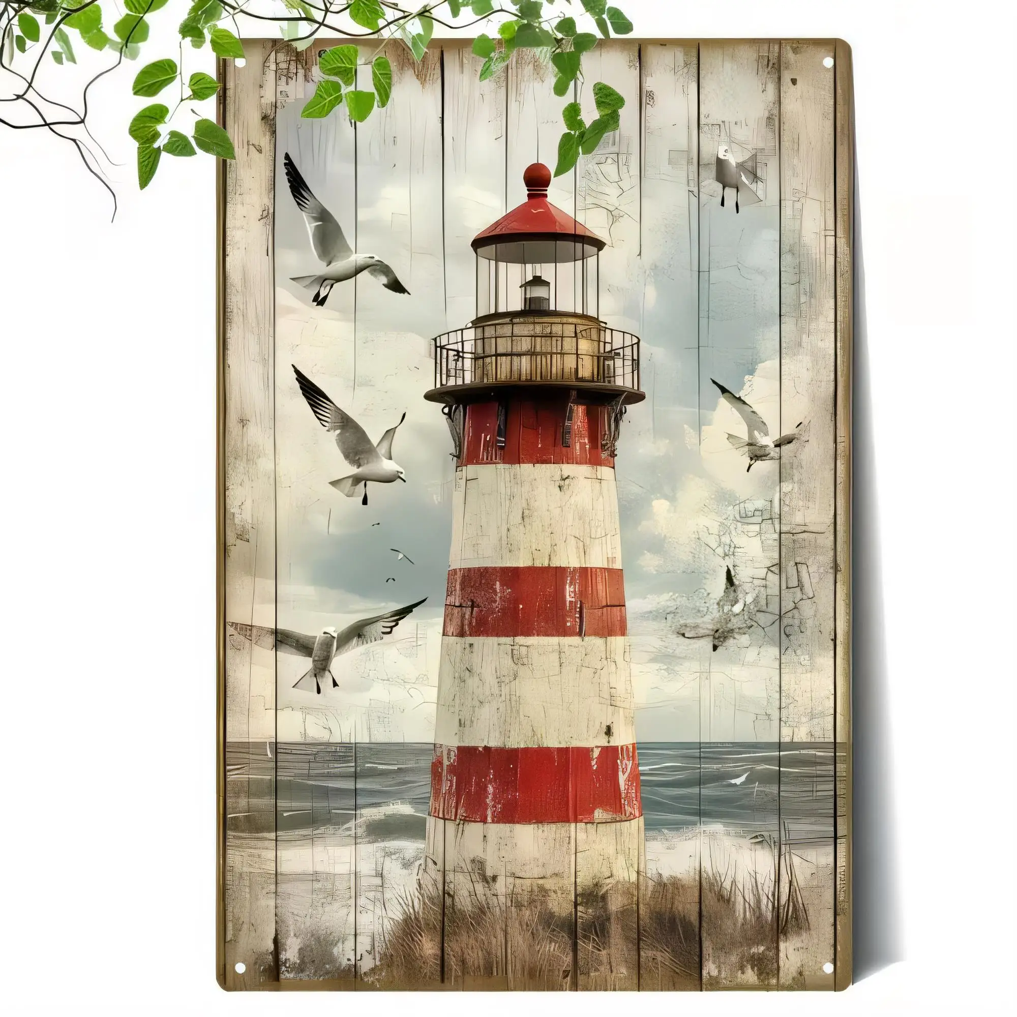Vintage Leuchtturm-Blechschild mit Seemöwen, Nautische Retro-Metallwandkunst für Strandhaus-Dekoration, Rustikales Blechschild im Küsten- und Ozean-Thema