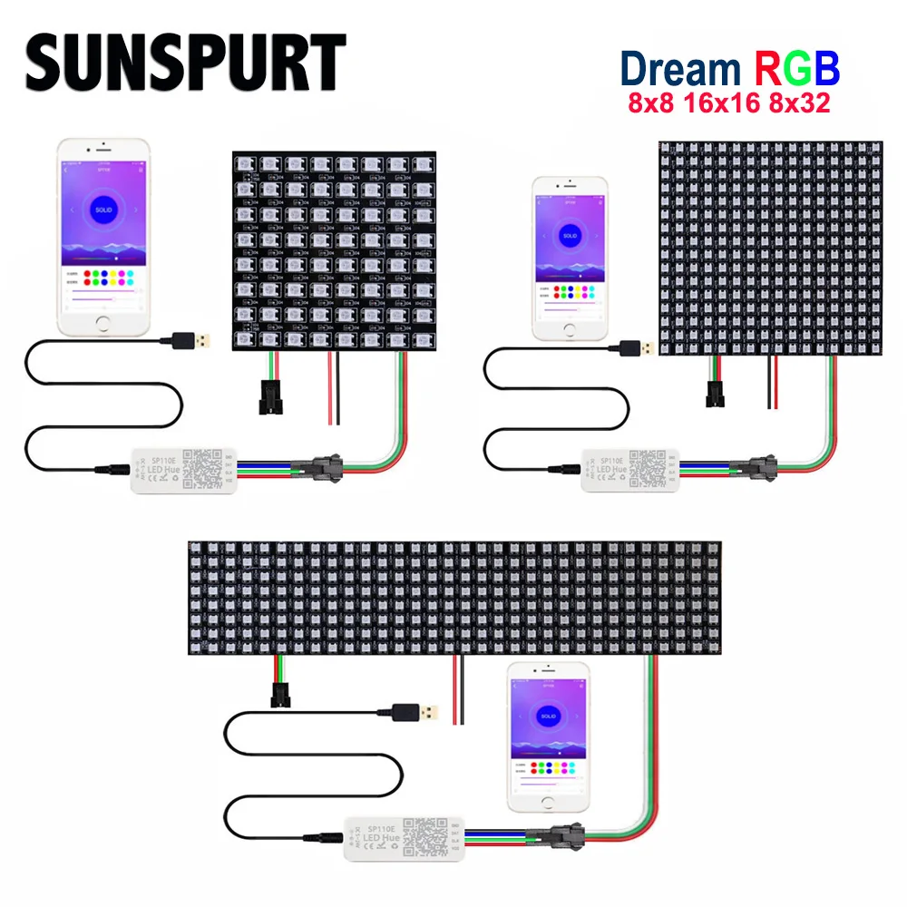 WS2812B Matrix LED Panel Screen DC5V 8*8 16*16 8*32 Pixels Module Light SP110E Bluetooth Controller Individually Addressable Kit