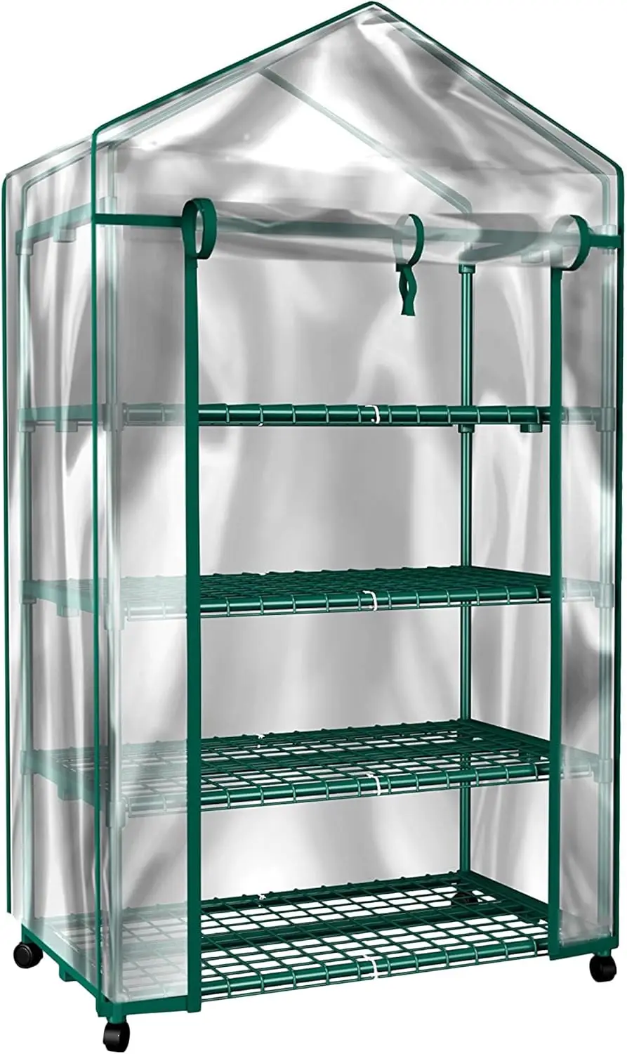 4 Tier Mini Greenhouse - Portable Greenhouse with Locking Wheels and PVC for Indoor or Outdoor 27 x 19 x 63-Inch Green House