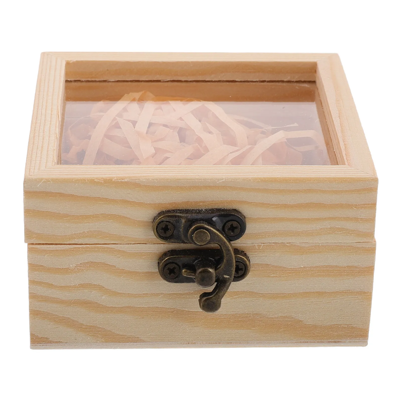 Small Wooden Jewelry Box Vintage Flip Design Glass Window Keepsake Storage Rustic Raffia Grass Decorative Organizer for Rings