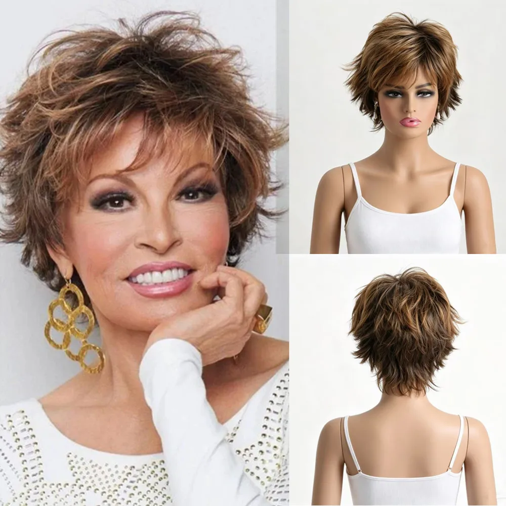 Short Layered Pixie Cut Wig for Women Brown Highlight Synthetic Hair Wig With Bangs Heat Resistant  Daily Short Hair Wigs