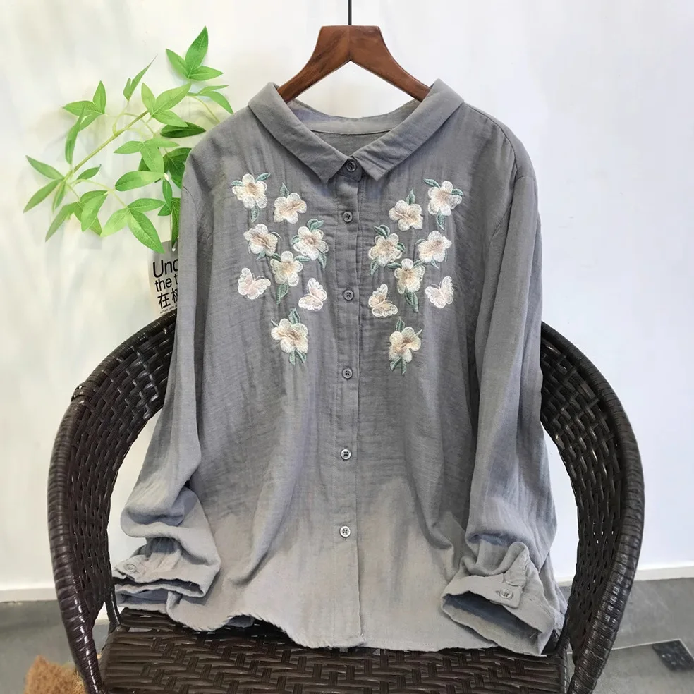 

Women's Long-Sleeve Shirt with Elegant Floral Embroidery, Soft Double-Layered Cotton Yarn Fabric, Ideal for Spring and Autumn