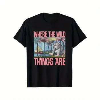 Damen-T-Shirt aus Baumwolle mit Rundhalsausschnitt, lässiges Kurzarm-Strickshirt, normale Passform, mit „Wo die wilden Kerle wohnen“-Aufdruck 10 best sales Wo die wilden Kerle sind - №5