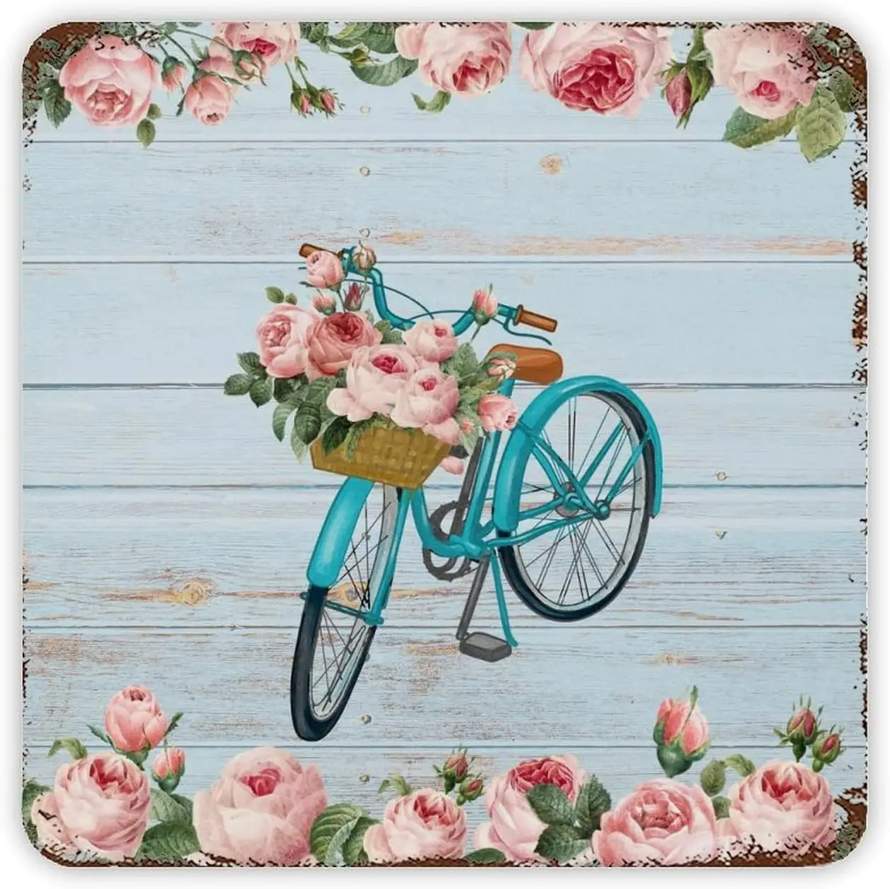 Vintage Wood Grain Tin Sign Bike with Basket Pink Rose Metal Plaque Welcome Summer Decor Unique Drinking Sign