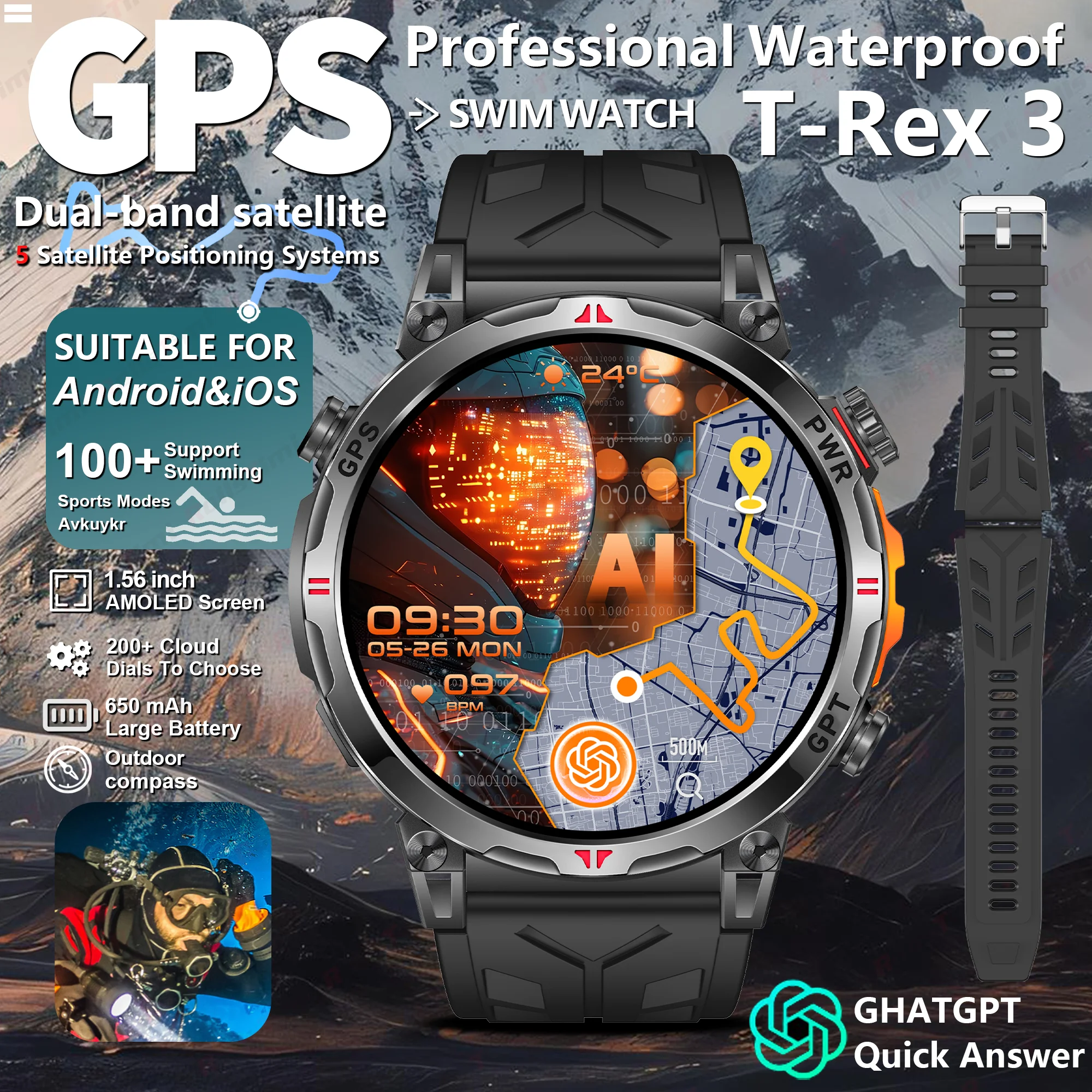 

2025 Прочные военные умные часы 1,56 дюйма с AMOLED HD-экраном GPS 3ATM Водонепроницаемый компас Сердечный ритм Высота давления воздуха Bluetooth C