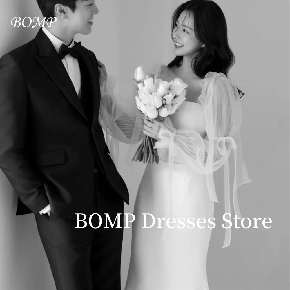 

BOMP Elegant Mermaid Wedding Party Dress Bow Ribbons Puff Sleeves Floor Length Bridal Gown Korea Photo Shoot Customized Illusion