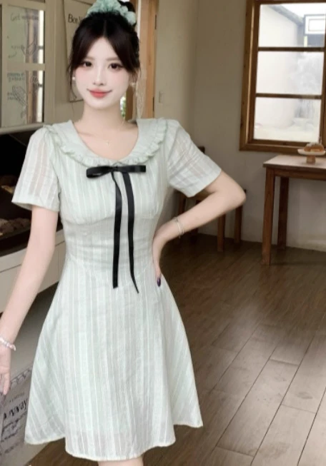 فساتين الأميرة الصيفية الفرنسية الحلوة كبيرة الحجم لتخفيض العمر وخصر عالٍ وأكمام قصيرة وياقة بيتر بان فستان كوري متعدد الاستخدامات #5