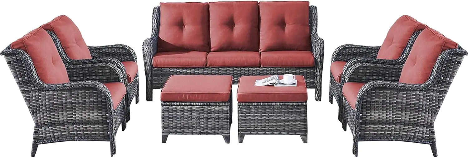 Wicker Patio Chairs Set - 7 Piece Rattan Outdoor Sectional Sets w/1 Sofa,4 Armrest Chairs & 2 Ottomans(Mixed Grey/Red)