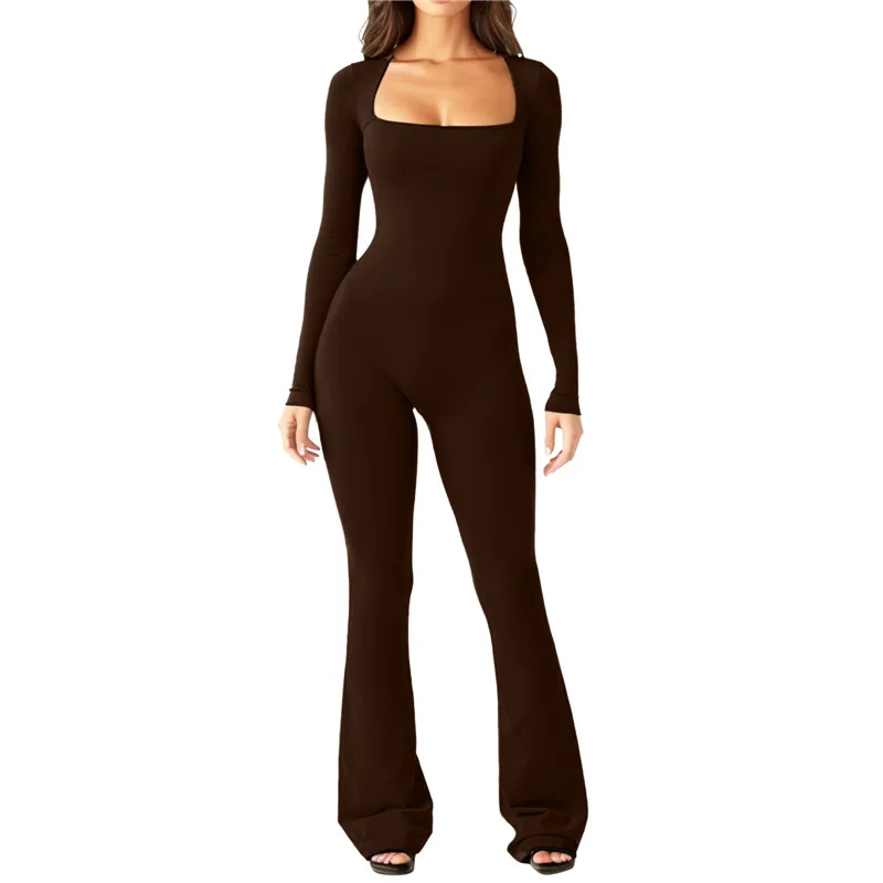 

Sexy Jumpsuit Lady Waist Cinching and Hip Lifting Square Collar Wide Leg Elastic Slim Solid Long Sleeved Jumpsuit for Women