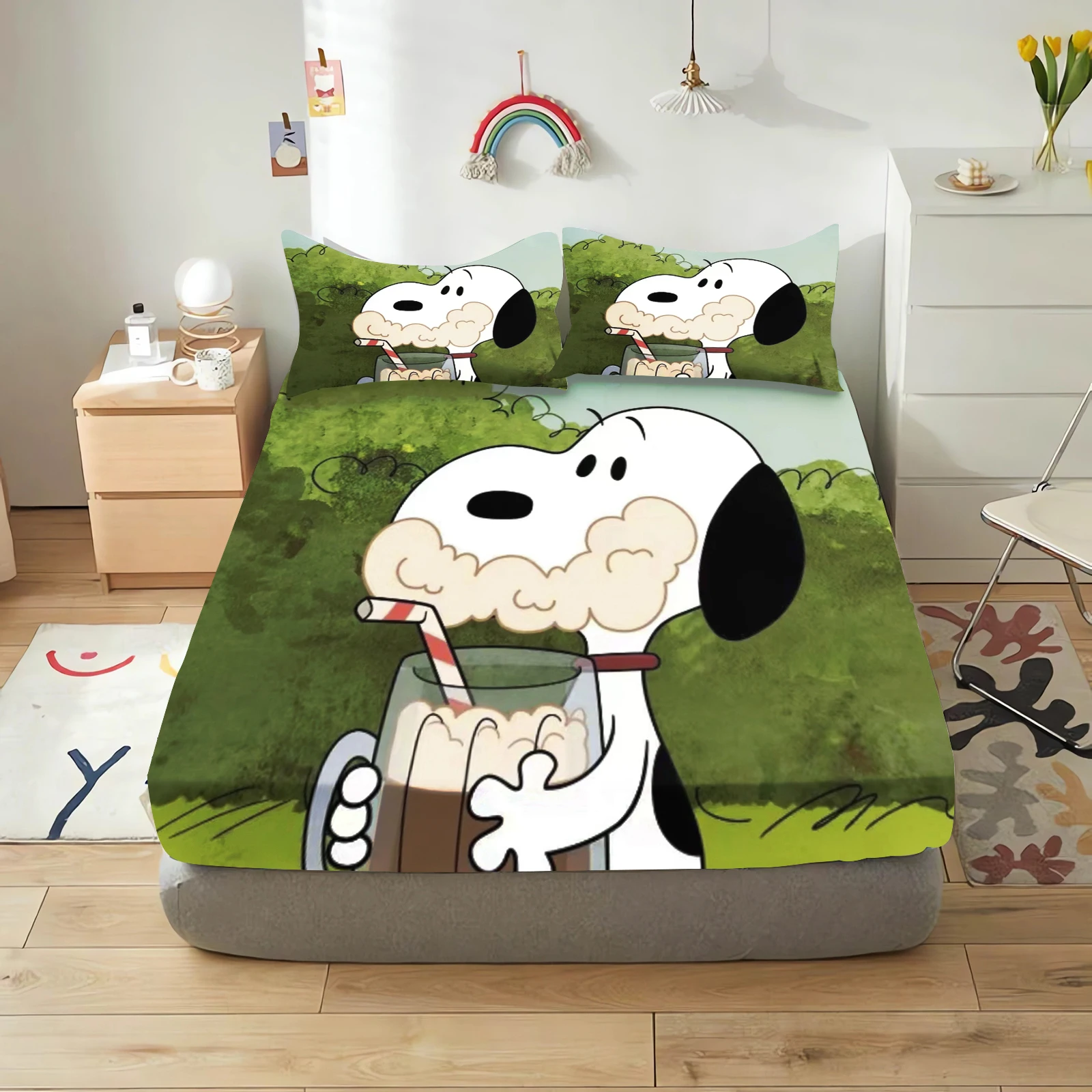 Snoopy conjunto de cama dos desenhos animados lençóis cabidos colcha feliz filhote de cachorro conjunto capa king size crianças impresso 100% poliéster