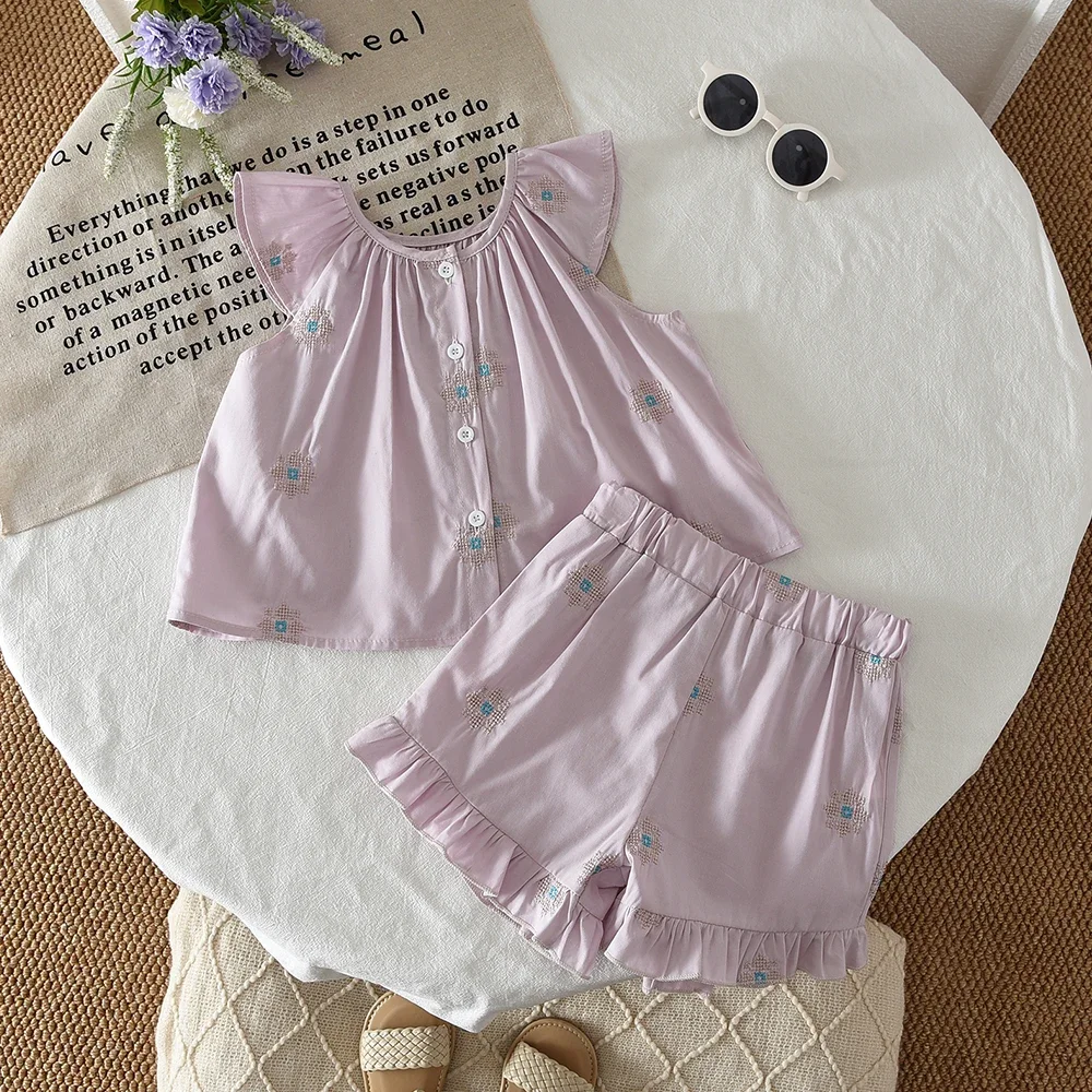 Sweet and Cute Purple Girls Clothes 2025 Summer Cotton Children's Clothing Flower Print Flying Sleeve Top+Shorts Two Piece Set