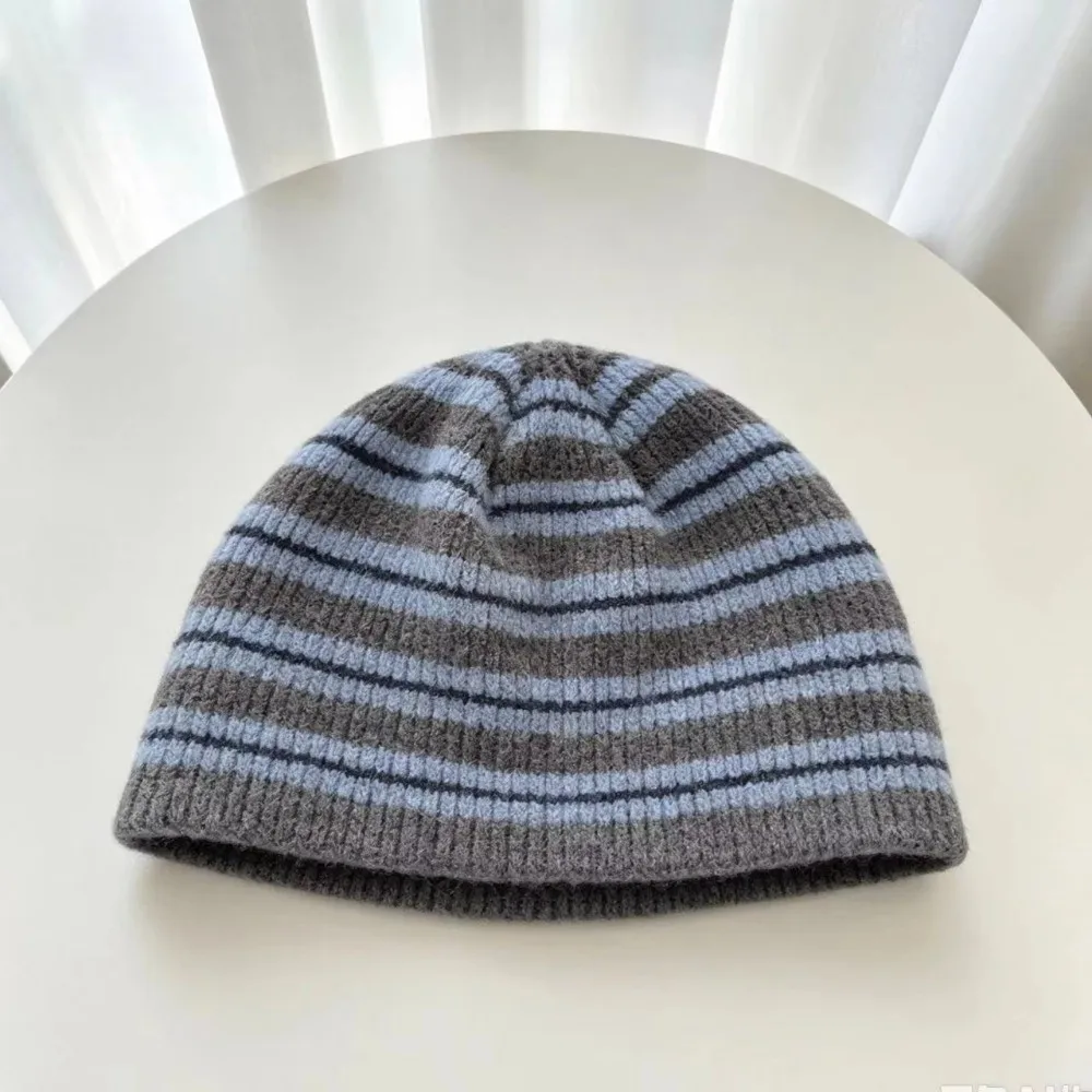 Cold Hat Wool Blend Striped Beanie Hat Color Blocked Thick Ribbed Knitted Cap Thermal Soft Warm Pullover Hat Cycling