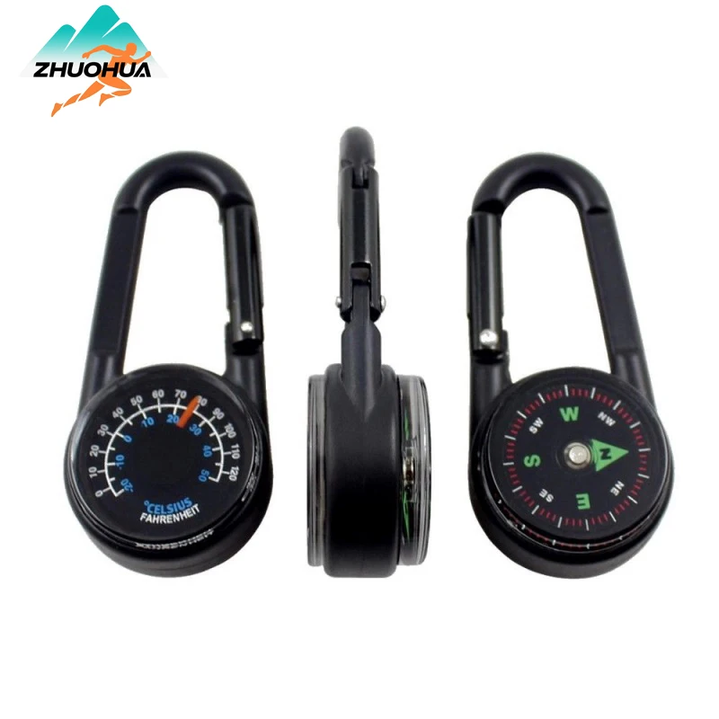 ZHUOHUA 1Pc Compass Thermometer Carabiner 3 in 1 Mini Compass Carabiner Clip Outdoor Hiking Survival Key Ring Double Sided Metal