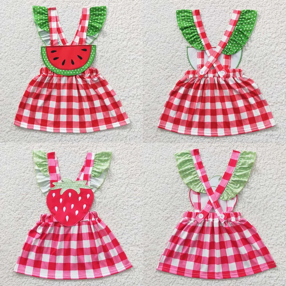 Wholesale Baby Girl Summer Embroidery Watermelon Strawberry Short Sleeves Kid Red Plaid Dress Children Toddler Suspender Clothes