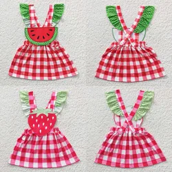 Wholesale Baby Girl Summer Embroidery Watermelon Strawberry Short Sleeves Kid Red Plaid Dress Children Toddler Suspender Clothes