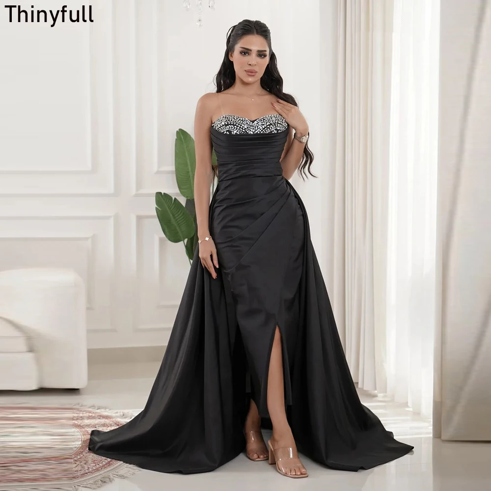 

Thinyfull Elegant Mermaid Black Prom Dress Sleeveless Sequines Saudi Arabic Evening Party Gowns 2023 Satin Split Event Dress