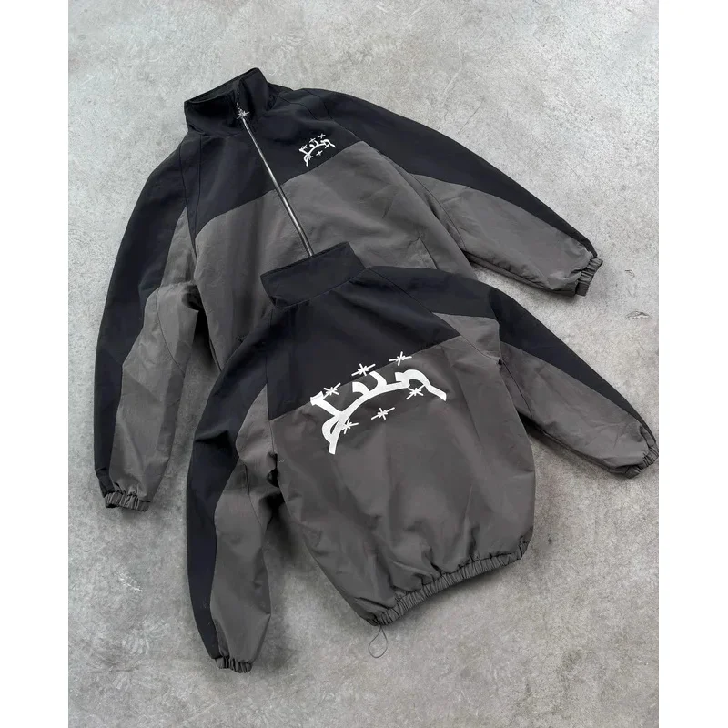 

Y2k New Jacket Streetwear Hip Hop Retro Letter Pattern Printed Jacket Windbreaker Mens Womens Harajuku Long Sleeved Zipper Tops