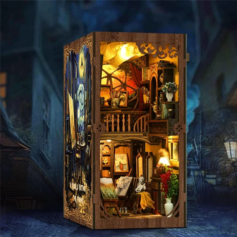 

AT93-DIY Book Nook Kit For Adults- Wooden Bookshelf Insert With LED Lights, A World Within The Frame Crafts Kits Decoration
