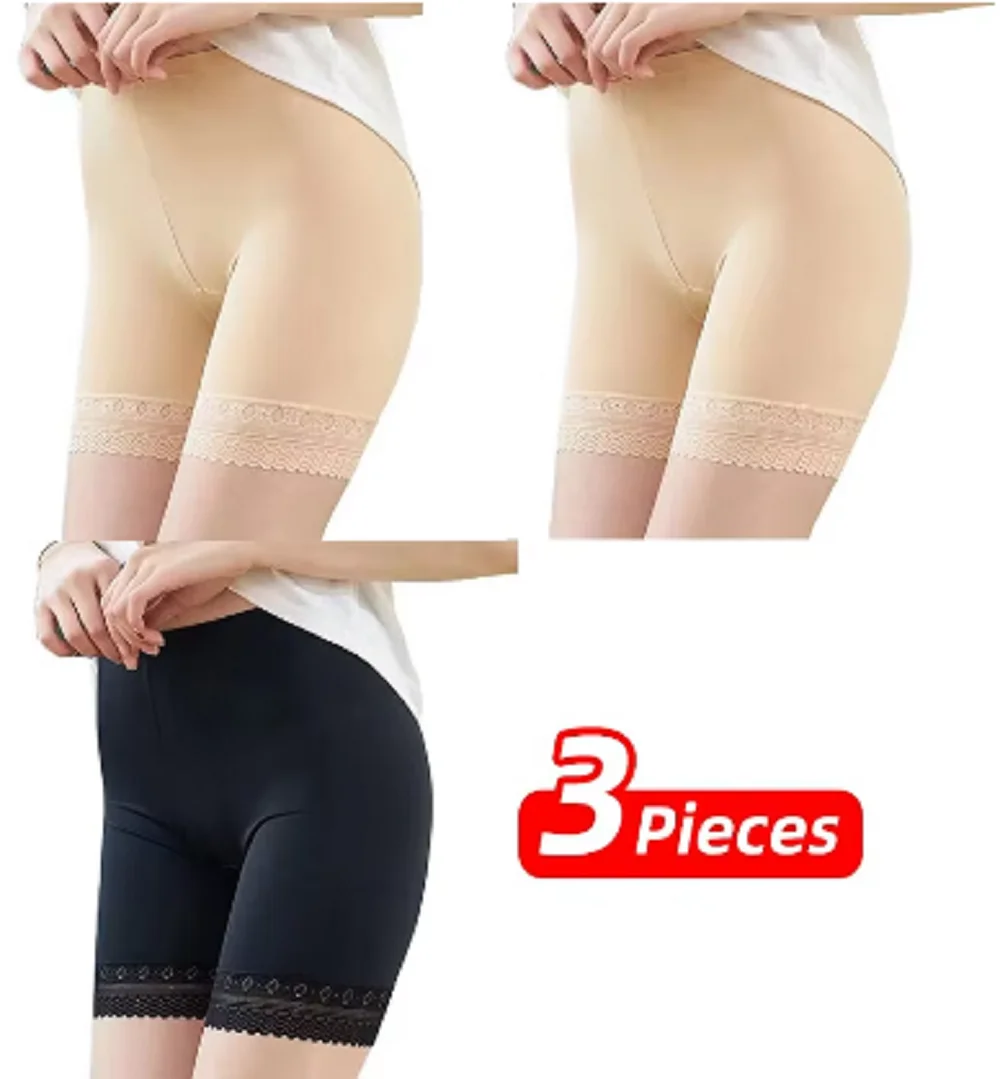 3 Pieces Womens Panties Safety Short Pants Underwear Anti Exposure L XL Black Skin High Waist Traceless Lace