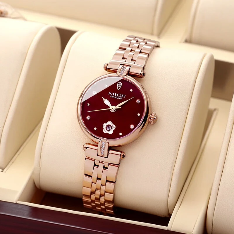 MIGE Women Quartz Watch Rose Gold Stainless Steel Band Red Dial Diamond Date Ladies Wristwatch Elegant Female Clock