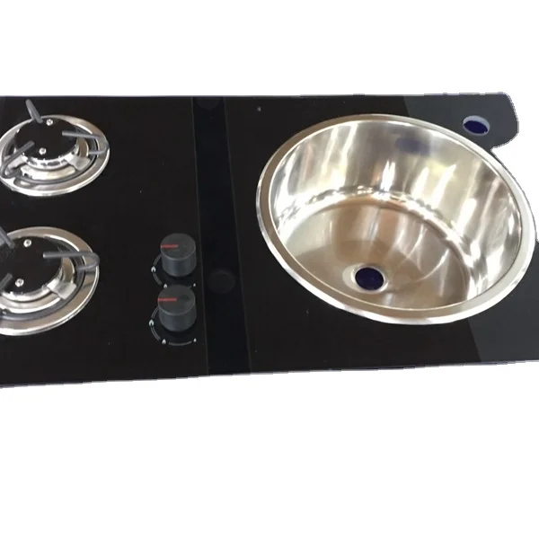 Stainless Steel SUS304 Silver 2 Burner LPG Cooker Tempered Glass Lid Electric Ignition CE Certified Sink RV Caravan Boat Yacht