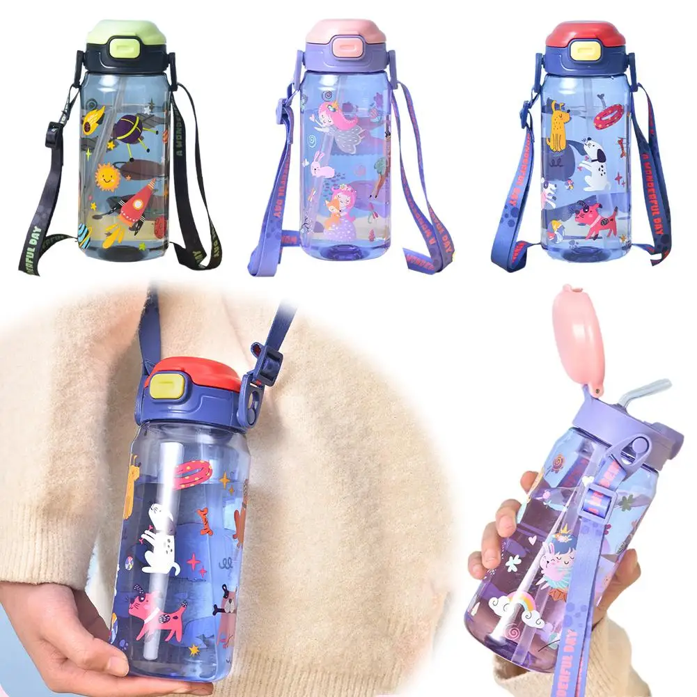 

550ml Cute Cartoon Water Bottle Leakproof Plastic Straw Water Portable Outdoor Sports Large Capacity Bottle Cup Travel H0F0