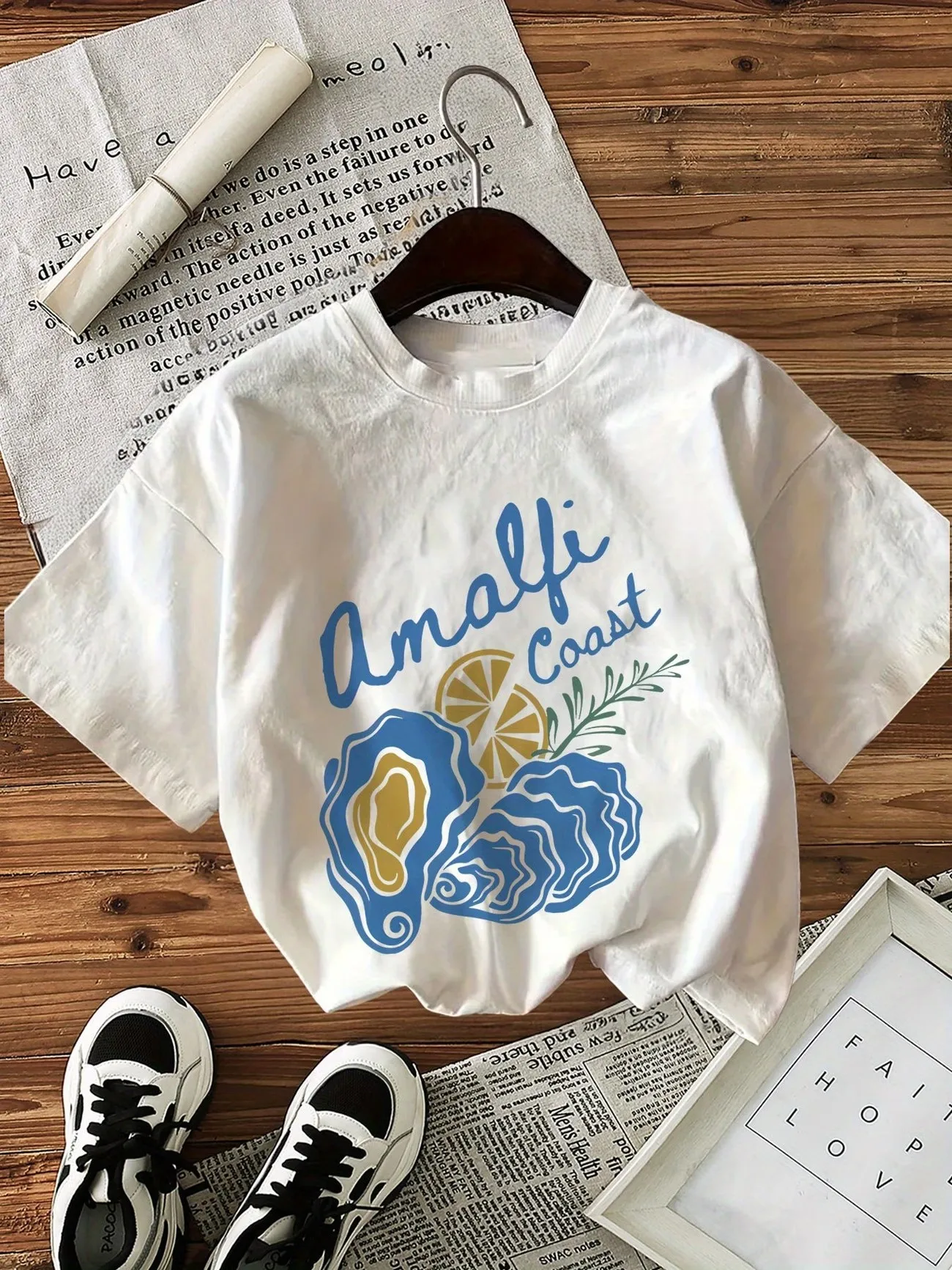 Camiseta gráfica con estampado de ostras y limón de la costa de Amalfi para hombre y mujer, camiseta informal de manga corta de verano, camisetas Unisex estilo Harajuku costero italiano Vintage