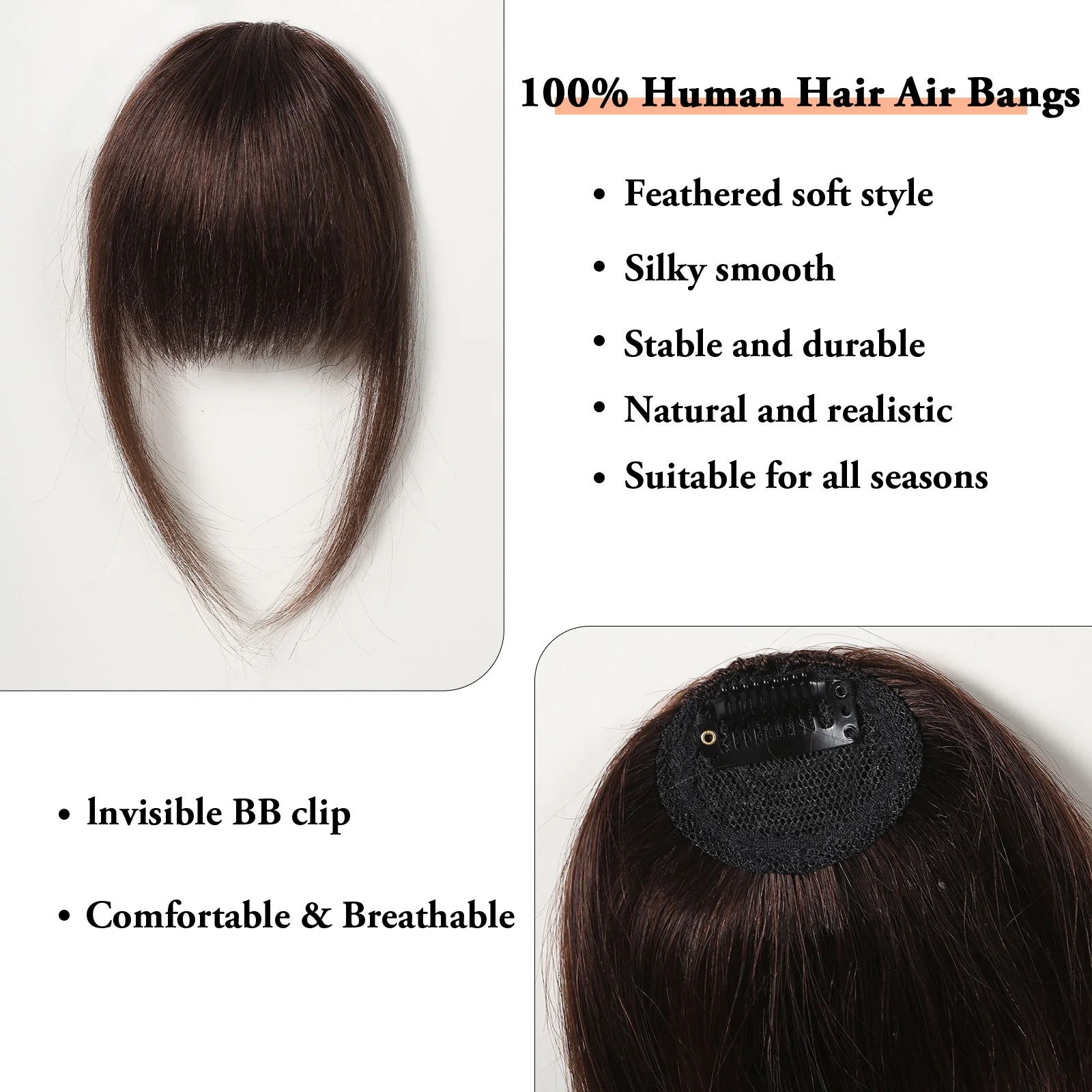 Natural Brown Wispy Bangs para Mulheres, 100% Cabelo Humano, Clip na Franja com Templos, Hairpiece, Air Bang, 4.5in