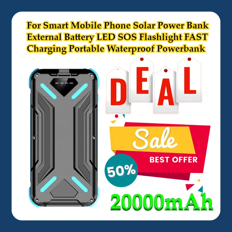 

For Smart Mobile Phone Solar Power Bank 20000mAh External Battery LED SOS Flashlight FAST Charging Portable Waterproof Powerbank