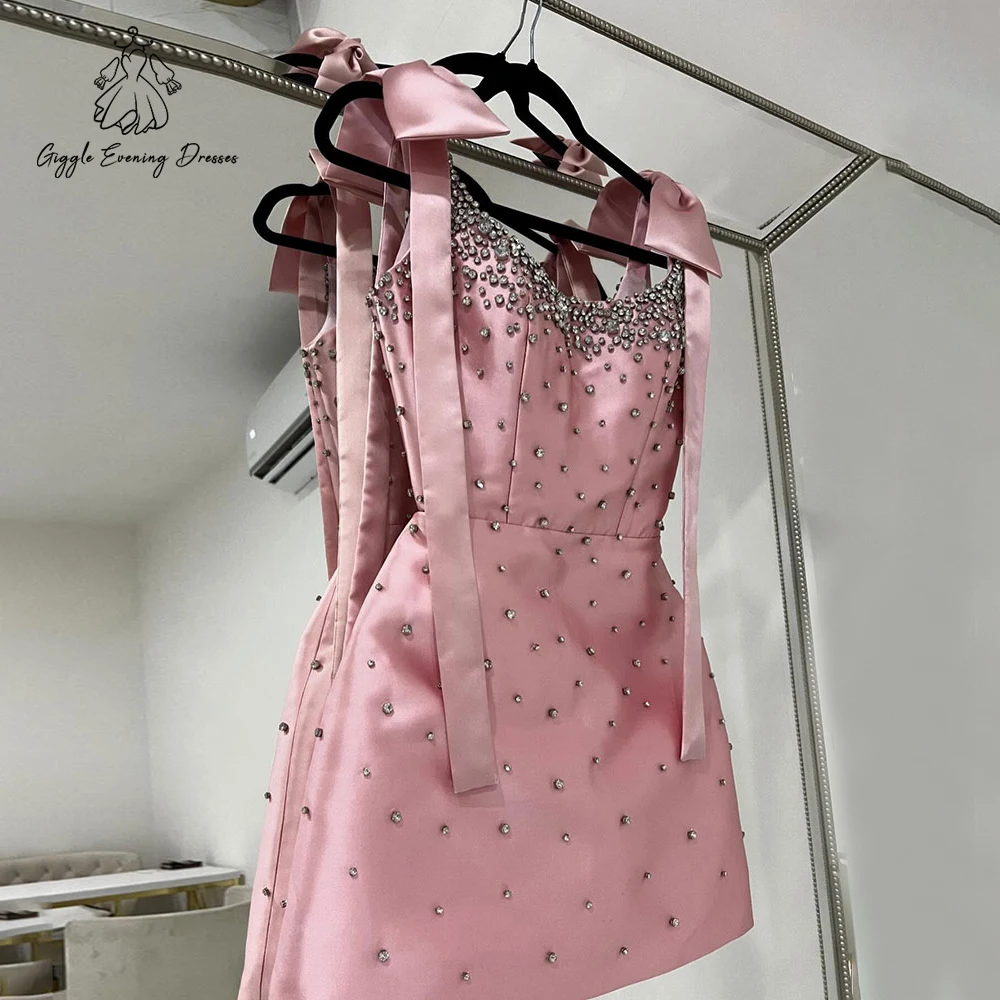 

Pink Satin Short Prom Dress Luxury Hand-Sewn Crystal Cocktail Party Gowns Elegant Bow Straps Mini vestidos de fiesta Customized