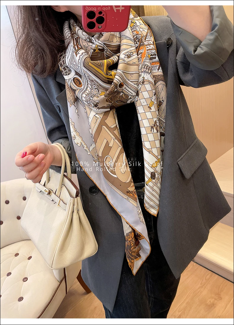 Paris Street 100 Silk Scarf Women Rolled Edges Shawls Designer Scarfs Luxury Brand Square Big Bag Bandannas Paris Scarves 140CM