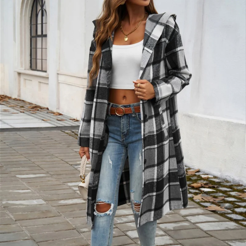 Autumn Winter Women's Retro Artistic Cardigan Latest Loose Contrasting Color Breasted Hoodie Coat Long Sleeves Open Front