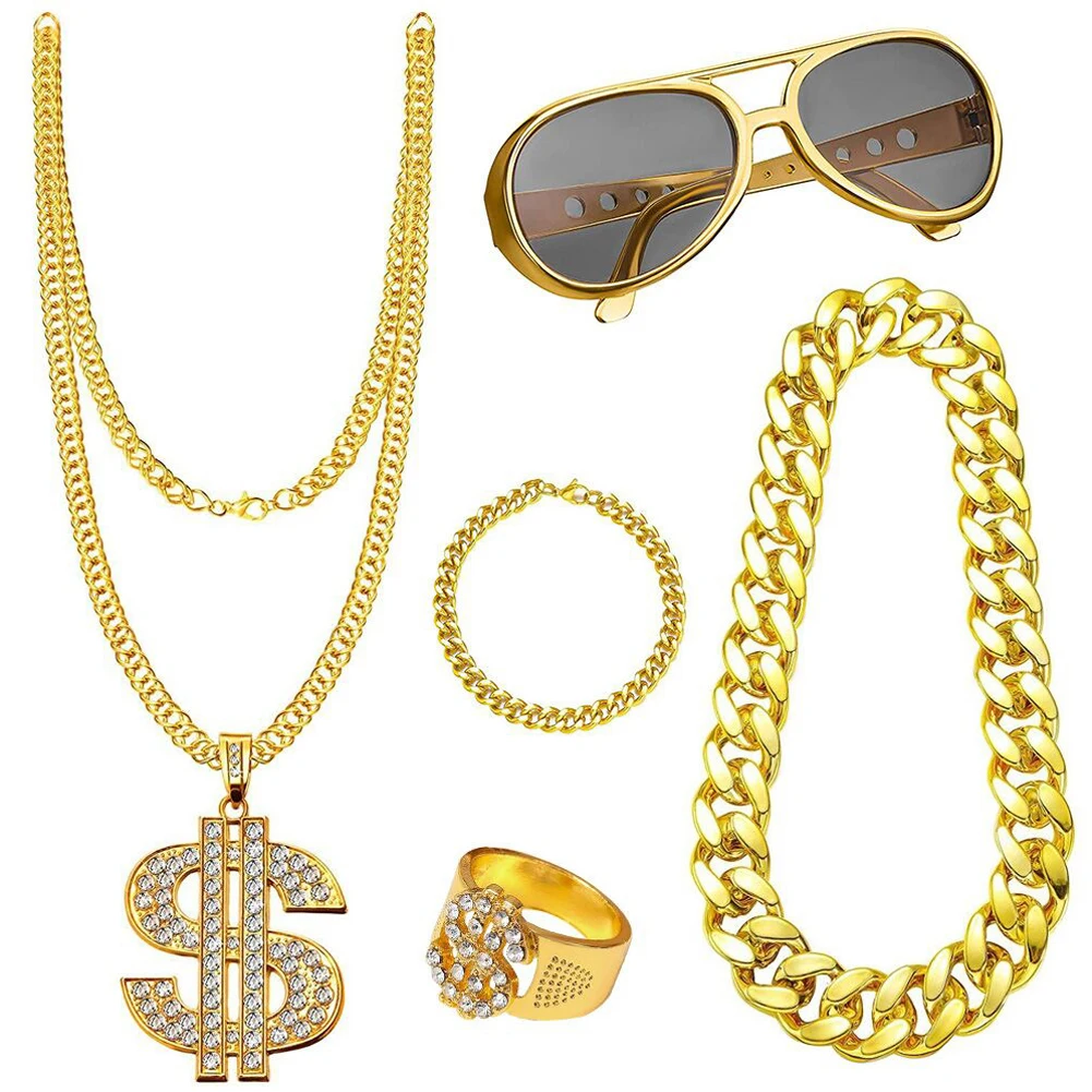 80s 90s Hip-Hop Flamboyant Punk Dollar Sign Ring 80s/90s Rapper Accessories Hat Dollar Necklace Glasses Bracelet for Retro Party