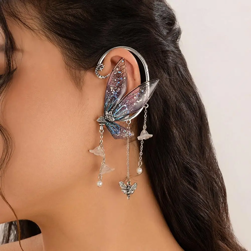 Butterfly Wing Earring Forest Fairy Style Butterfly Ear Cuff with Tassel Sequin Flower Decor Women's Anti-slip Electroplated