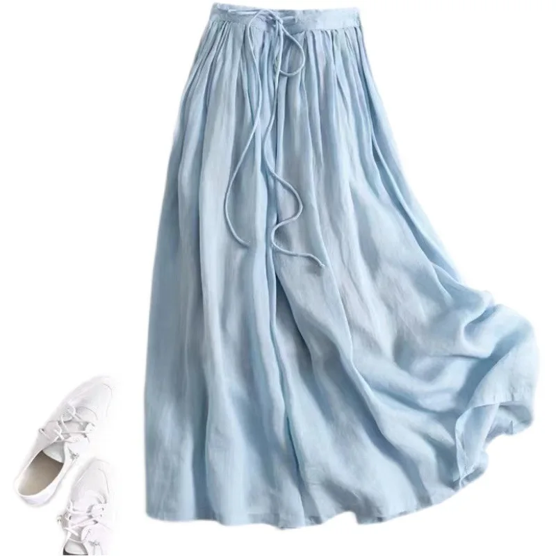 

Long Skirt Women's Literature Vintage Cotton Linen Summer Skirts Female Tether Elastic High Waist Big Pendulum Skirt