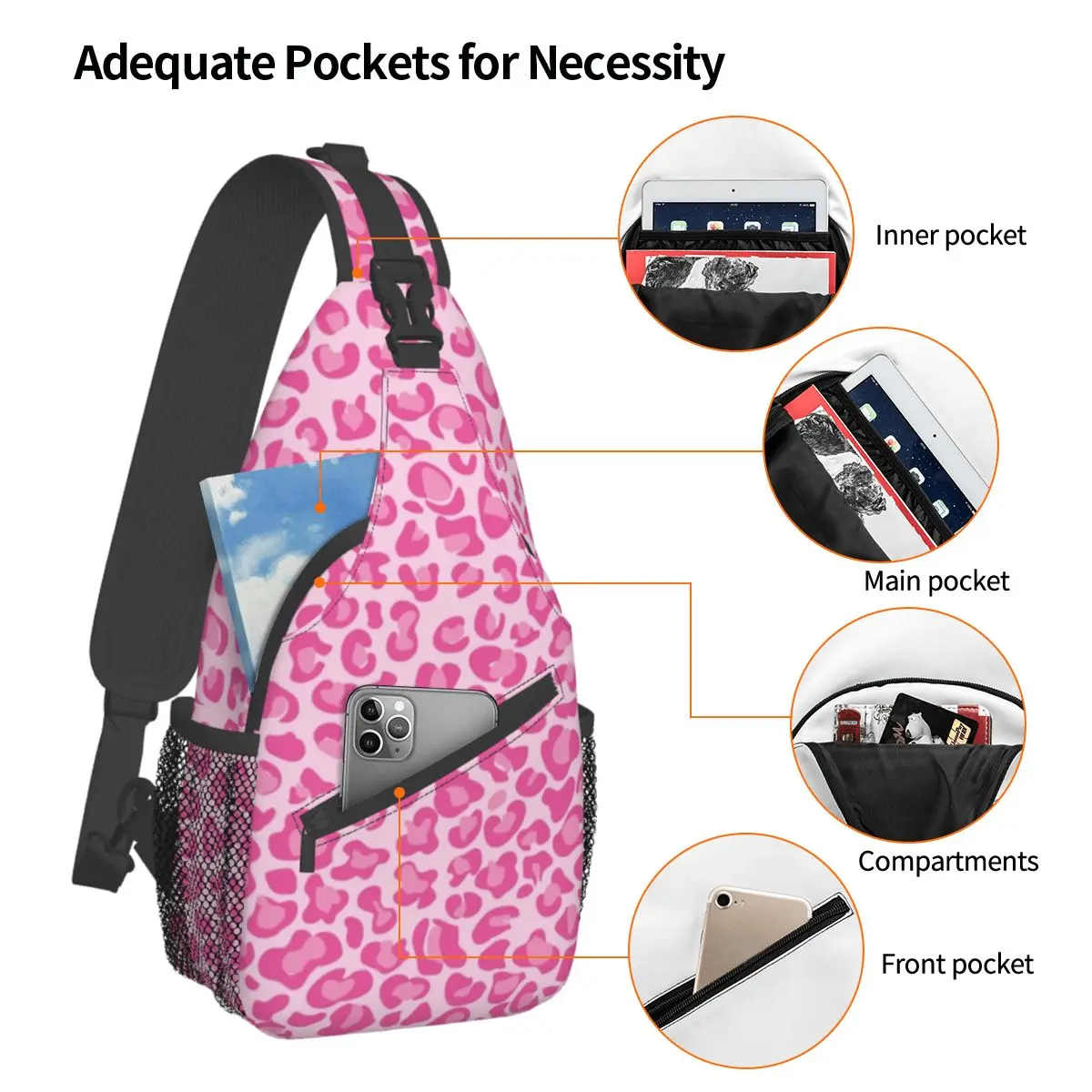 Pink Leopard Crossbody Sling Bag Pattern Chest Bag Cheetah Animal Spot Shoulder Backpack Daypack Travel Hiking Camping Satchel