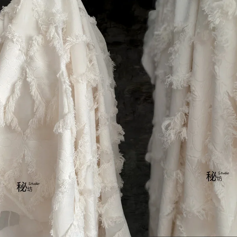 

White Creative Tassel Jacquard Fabric Cotton Linen Material Overcoat Clothing Designer Fabrics Accessories for Diy Sewing Cloth