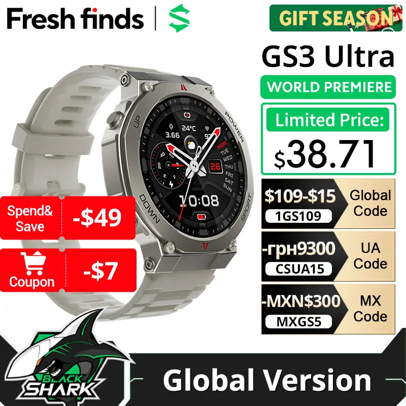 New BlackShark GS3 Ultra Smartwatch Equipped with dual-frequency GPS Military Grade Durability 5ATM &IP69K Water Resistance