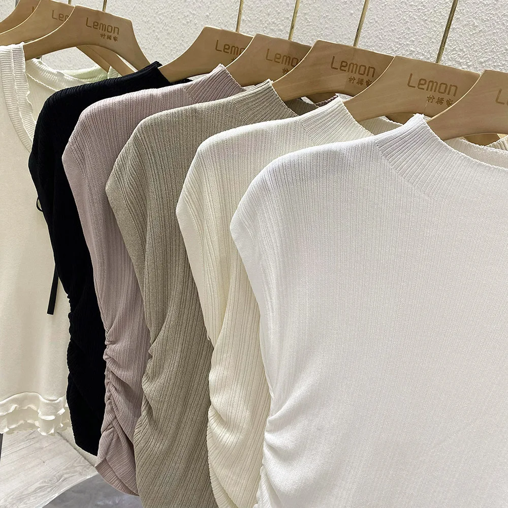 2026 Spring Summer Ice Silk Knit T-Shirt Half High Neck Waist Slimming Unique Design Slim Fit Short Sleeve Inner Tops