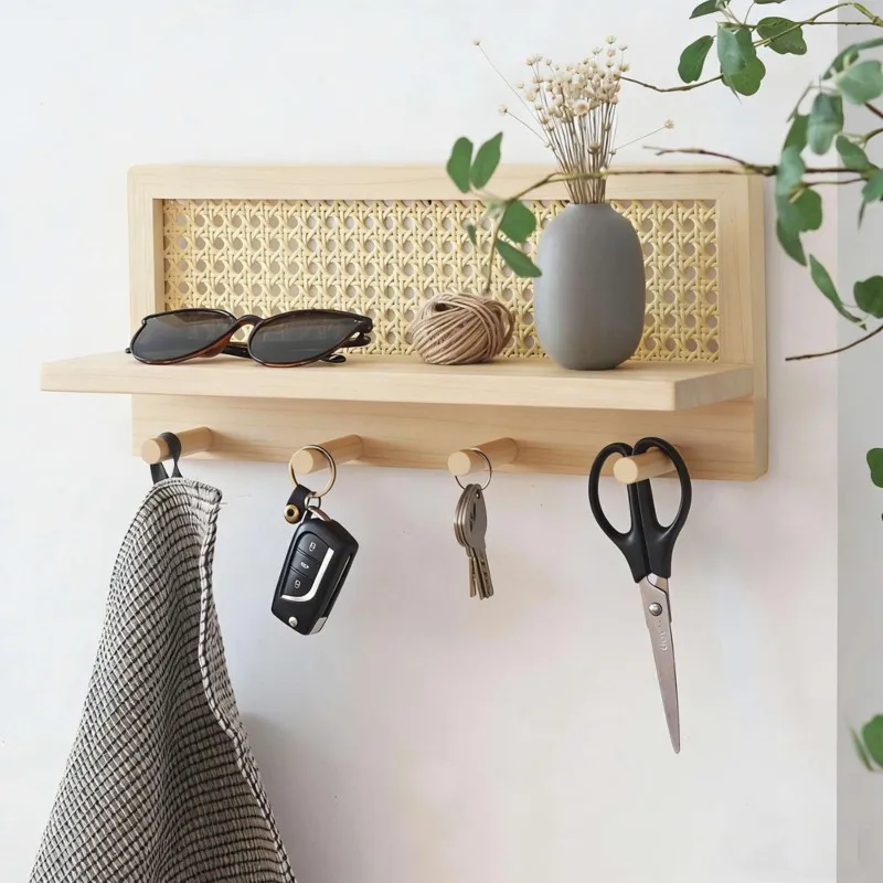 

2025 Hot Style Woven Key Hook And Magazine Holder 2Pc-Pine Wood Wall-Mounted Storage Rack-Modern Minimalist Style