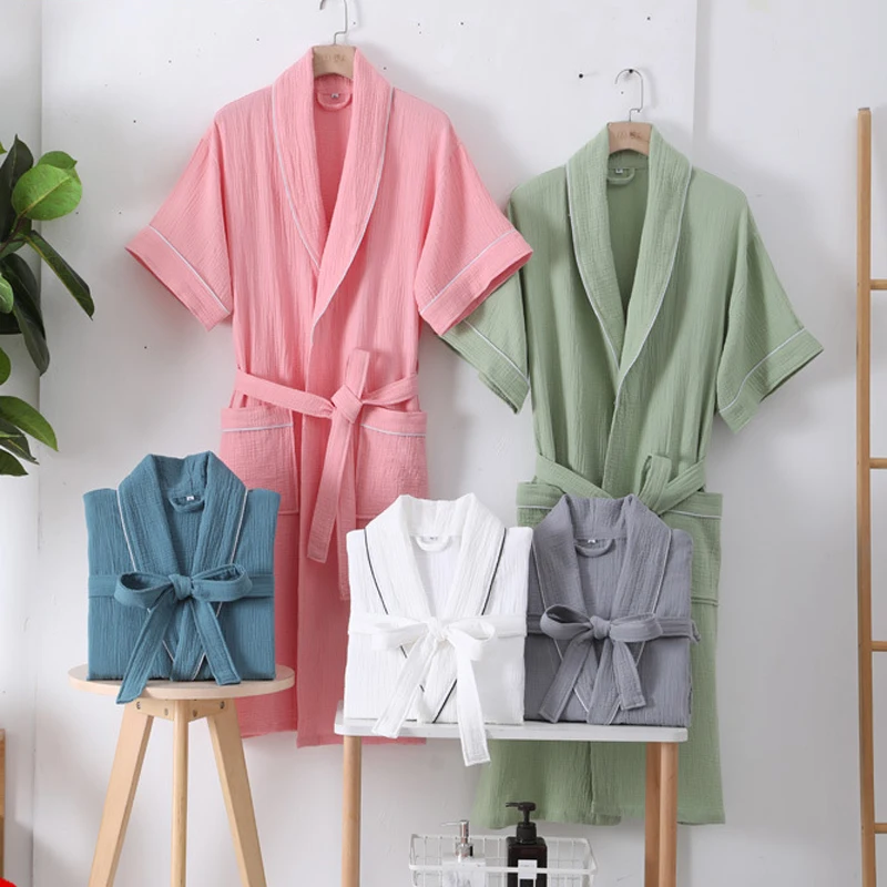 

100% Cotton Double Layer Gauze Robes Women&Men Summer Thin Short Sleeves Bathrobe Nightgown Home Service Solid Hotel Bathrobe